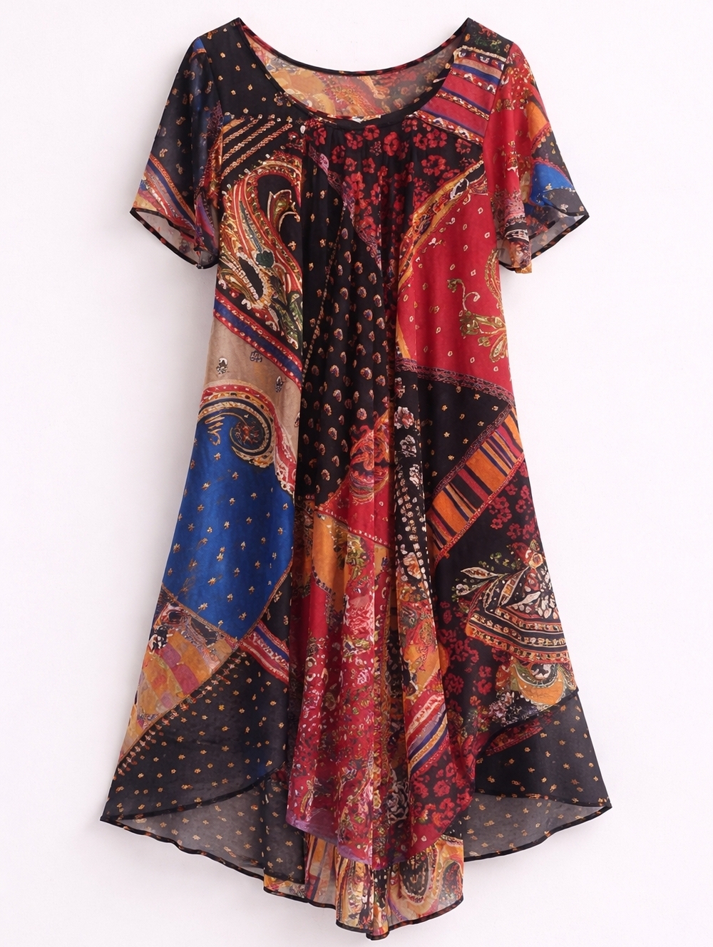 Boho Patchwork Paisley Chiffon Dress, L, Flowy Festival Hippie Cottagecore